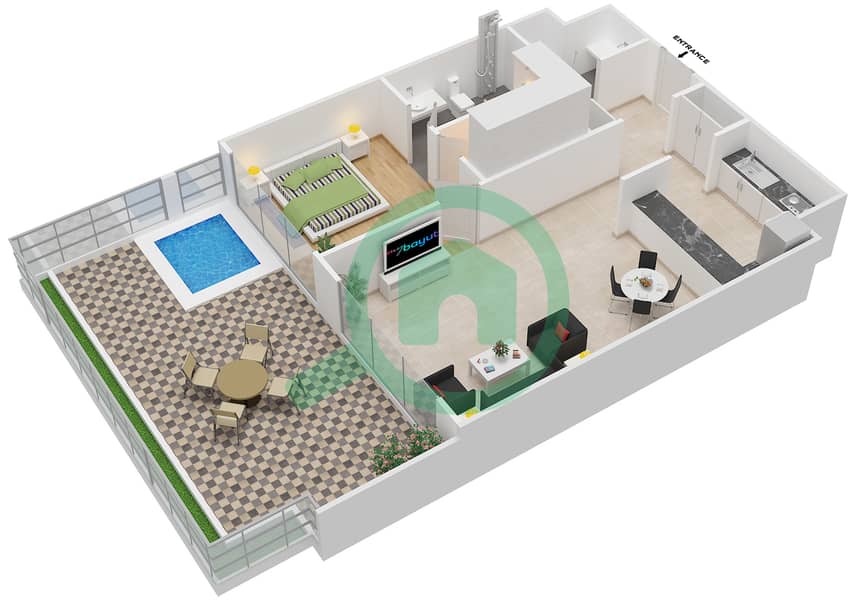 المخططات الطابقية لتصميم الوحدة 204 شقة 1 غرفة نوم - كابودوشا interactive3D