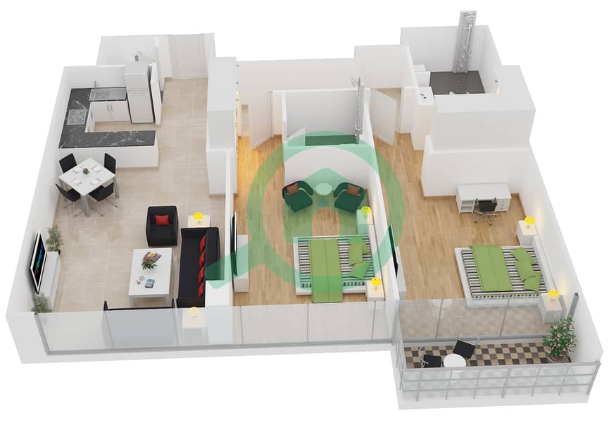 المخططات الطابقية لتصميم الوحدة 7 شقة 2 غرفة نوم - افينيو ريزدنس 1 interactive3D