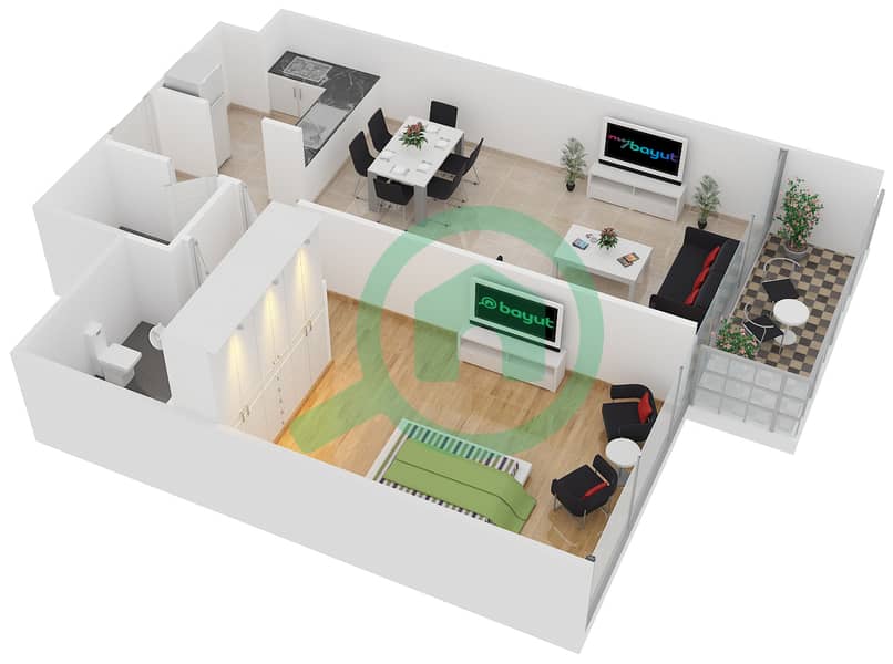 المخططات الطابقية لتصميم الوحدة 3 شقة 1 غرفة نوم - افينيو ريزدنس 1 interactive3D