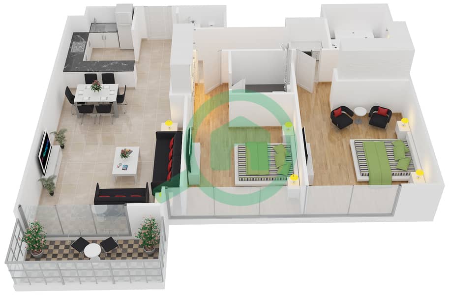 大道公寓1号楼 - 2 卧室公寓单位2戶型图 interactive3D