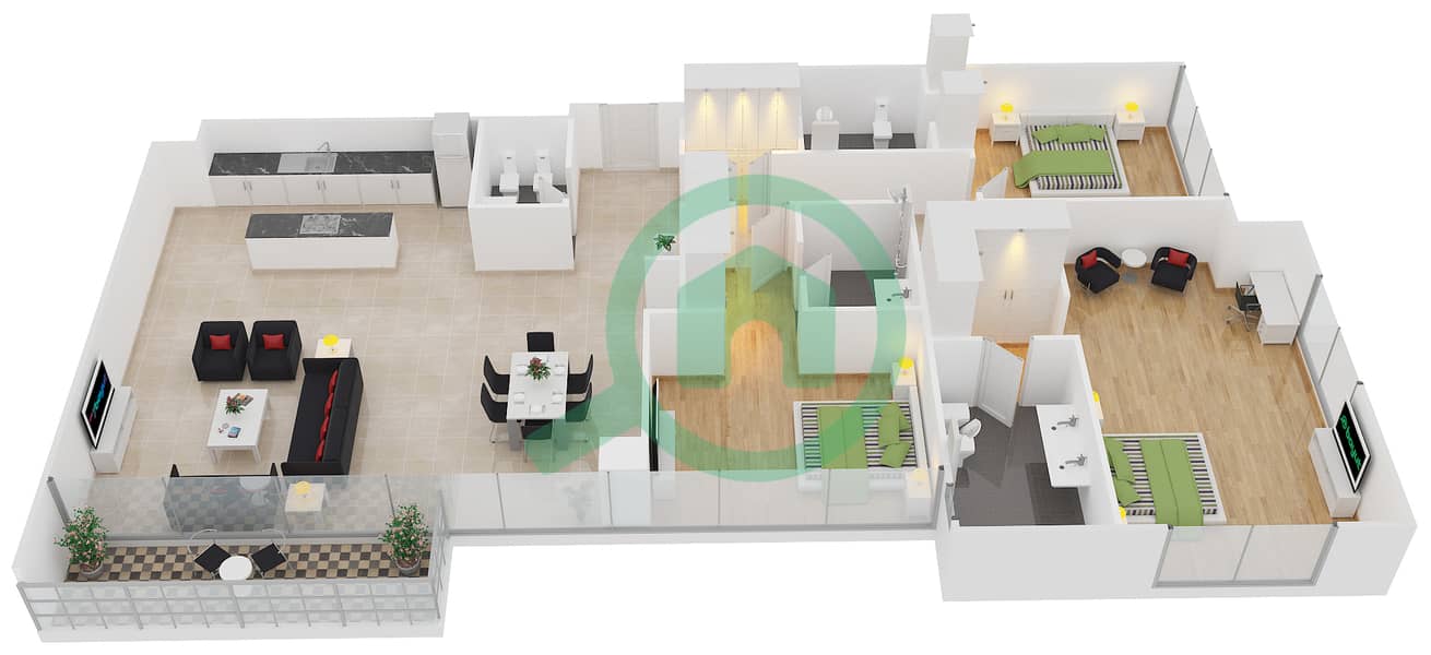 大道公寓1号楼 - 3 卧室公寓单位1戶型图 interactive3D