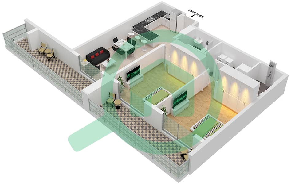 المخططات الطابقية لتصميم الوحدة 104 شقة 2 غرفة نوم - 2020 ماركيز First Floor interactive3D