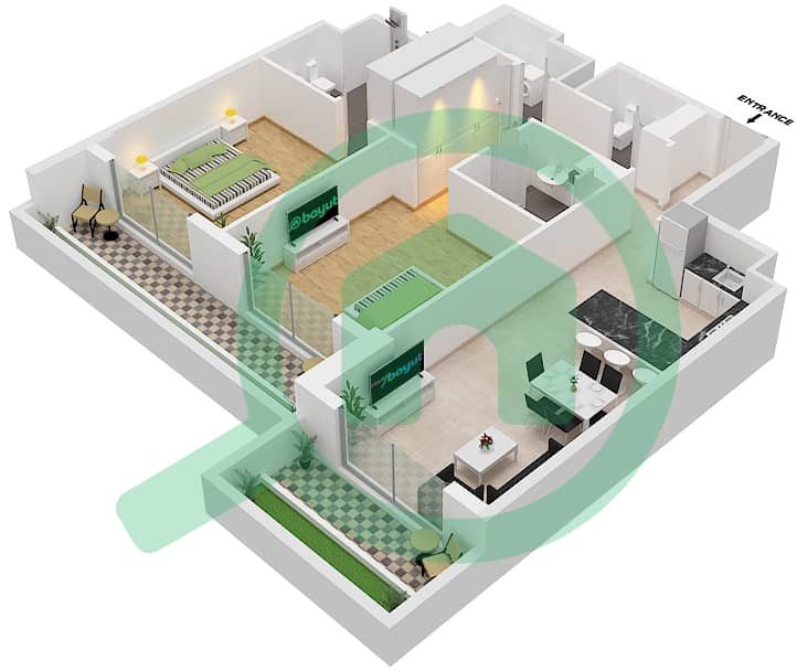 2020 Марки - Апартамент 2 Cпальни планировка Единица измерения 105 First Floor interactive3D