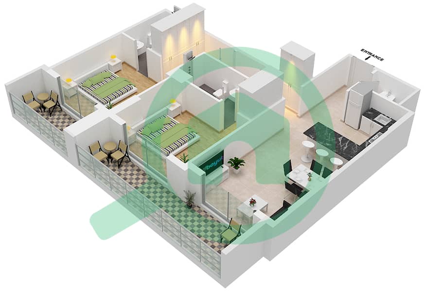 2020 Марки - Апартамент 2 Cпальни планировка Единица измерения 117 First Floor interactive3D