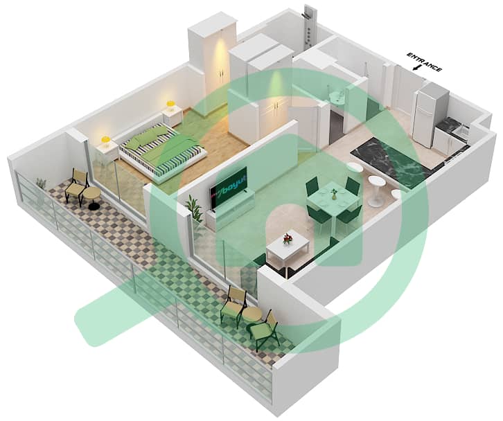 2020 Марки - Апартамент 1 Спальня планировка Единица измерения 202 First Floor interactive3D