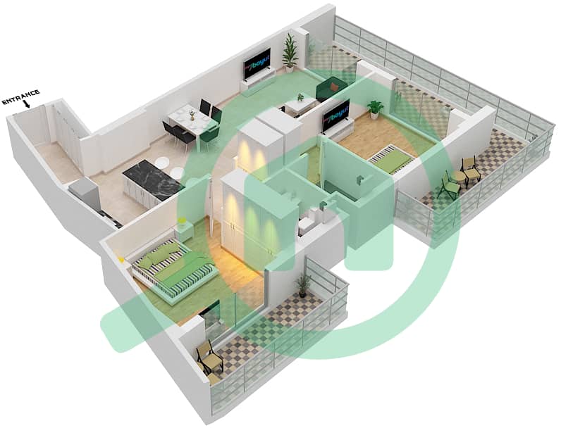 2020 Марки - Апартамент 2 Cпальни планировка Единица измерения 205 Second Floor interactive3D