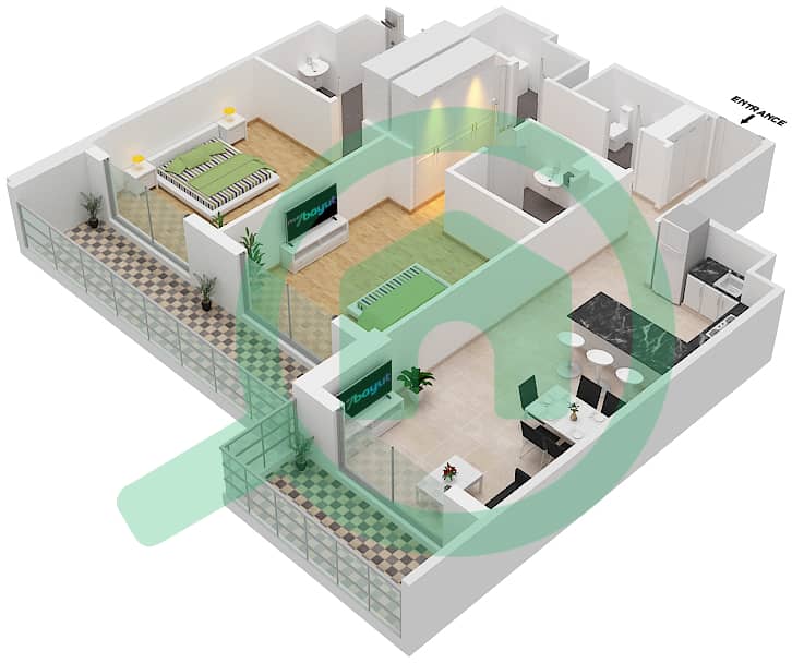 2020 Марки - Апартамент 2 Cпальни планировка Единица измерения 206 Second Floor interactive3D