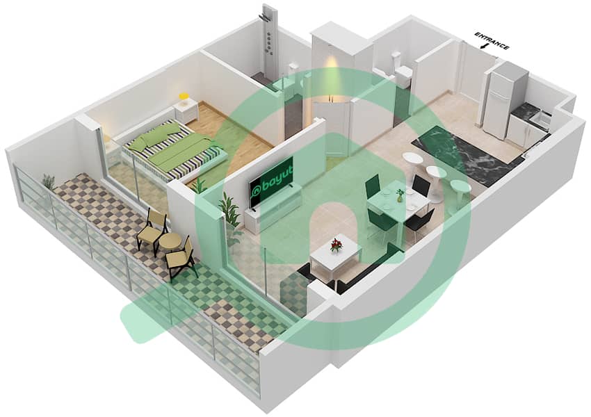 2020 Марки - Апартамент 1 Спальня планировка Единица измерения 217 Second Floor interactive3D