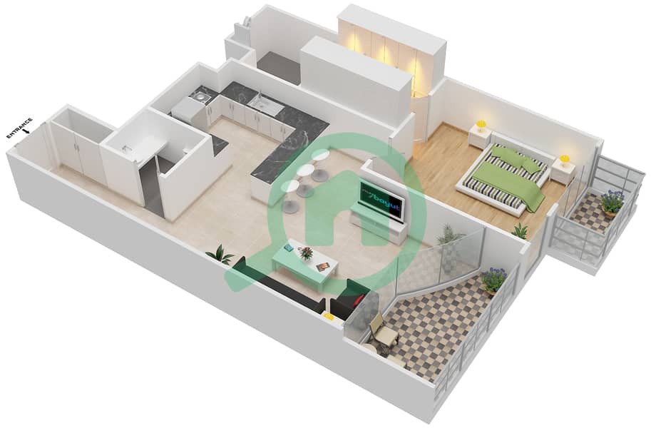 المخططات الطابقية لتصميم الوحدة 205 شقة 1 غرفة نوم - كابودوشا interactive3D