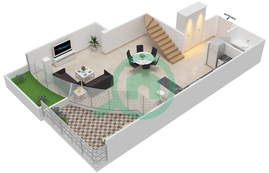 المخططات الطابقية لتصميم النموذج 205 - 2 شقة 1 غرفة نوم - كابودوشا interactive3D