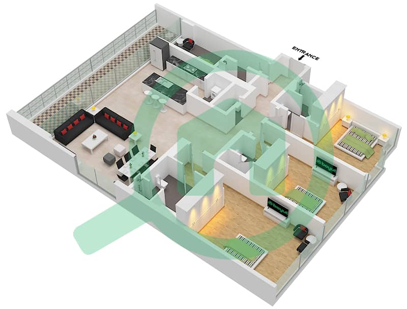 Здание 6B - Апартамент 3 Cпальни планировка Единица измерения 101,201,301 interactive3D