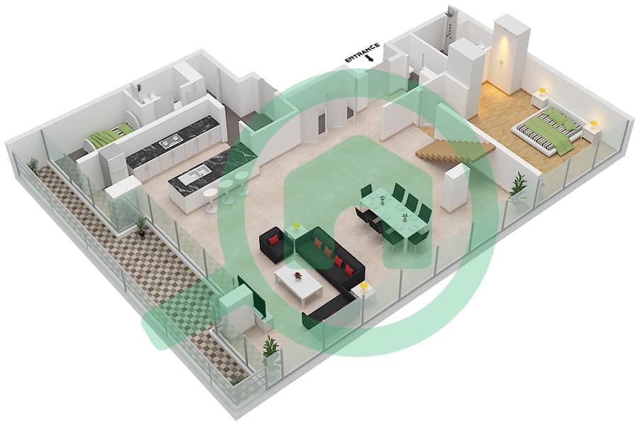 المخططات الطابقية لتصميم الوحدة 402 شقة 3 غرف نوم - بناية 6B interactive3D