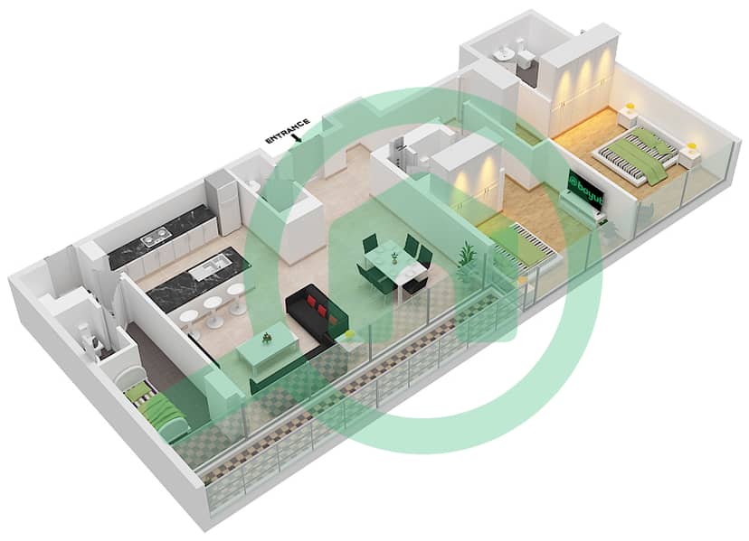 Здание 6B - Апартамент 2 Cпальни планировка Единица измерения 305,405 interactive3D