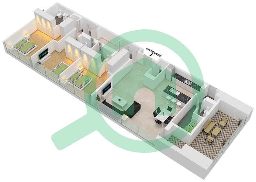 Building 6B - 3 Bedroom Apartment Unit 105,206,306 Floor plan interactive3D