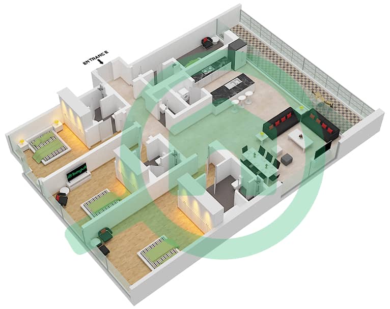 المخططات الطابقية لتصميم الوحدة 106,208,308 شقة 3 غرف نوم - بناية 6B interactive3D