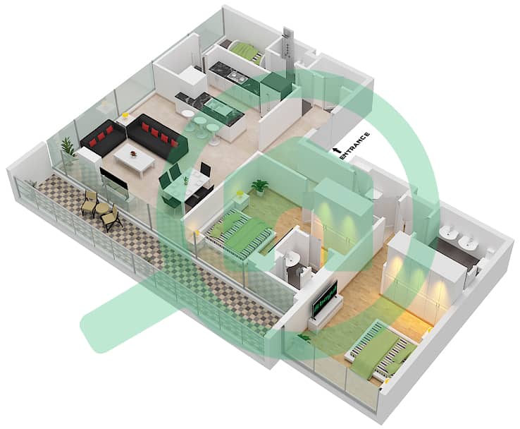 Здание 6B - Апартамент 2 Cпальни планировка Единица измерения 102,202,302 interactive3D