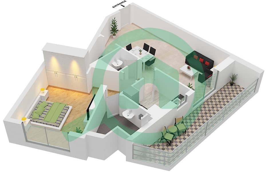 2020 Марки - Апартамент 1 Спальня планировка Единица измерения 215 Second Floor interactive3D