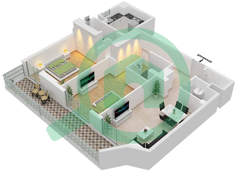 2020 Марки - Апартамент 2 Cпальни планировка Единица измерения 212 Second Floor interactive3D