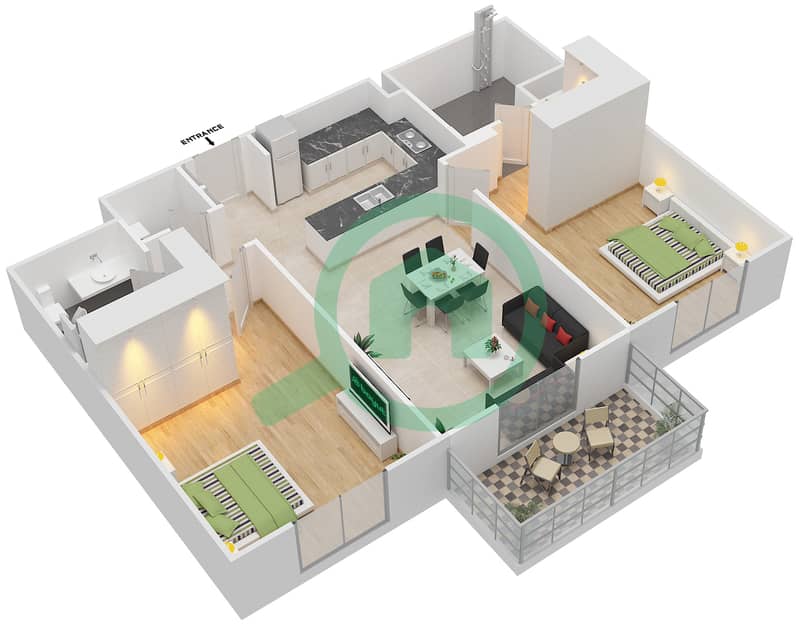 Итон Плейс - Апартамент 2 Cпальни планировка Тип 1 interactive3D