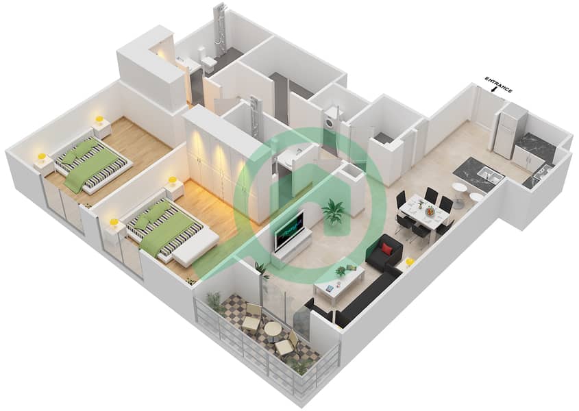 المخططات الطابقية لتصميم النموذج 2 شقة 2 غرفة نوم - إيتون بليس interactive3D