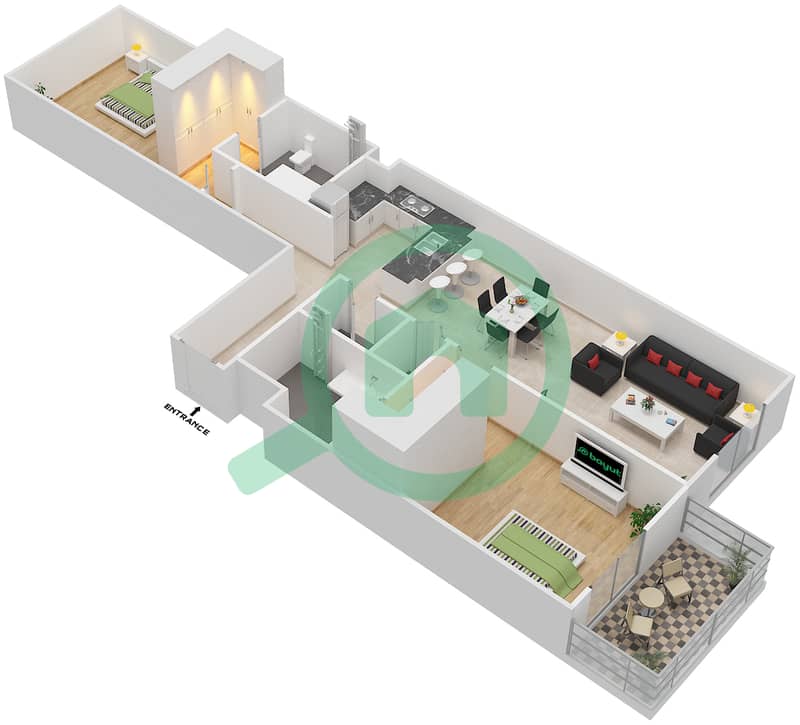 المخططات الطابقية لتصميم النموذج 3 شقة 2 غرفة نوم - إيتون بليس interactive3D
