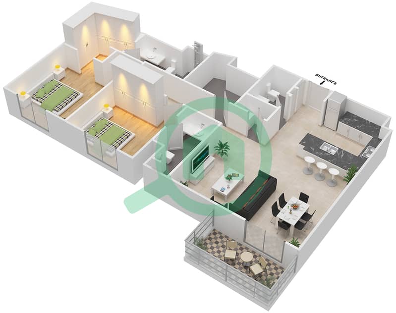 المخططات الطابقية لتصميم النموذج 2A شقة 2 غرفة نوم - إيتون بليس interactive3D
