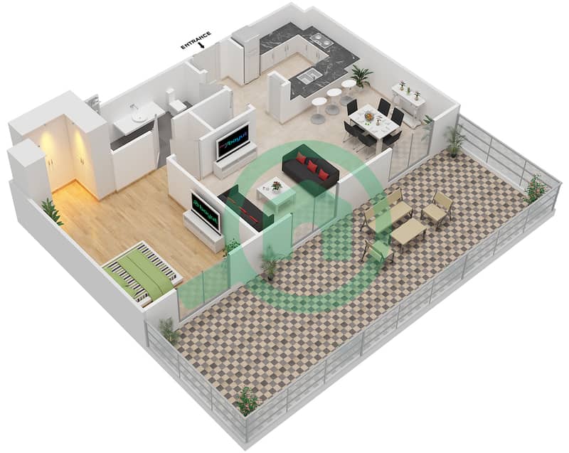 المخططات الطابقية لتصميم النموذج 4E شقة 1 غرفة نوم - إيتون بليس interactive3D