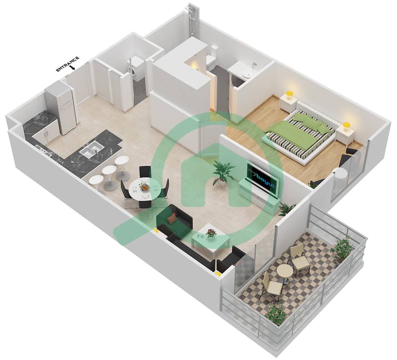 Итон Плейс - Апартамент 1 Спальня планировка Тип 1E interactive3D