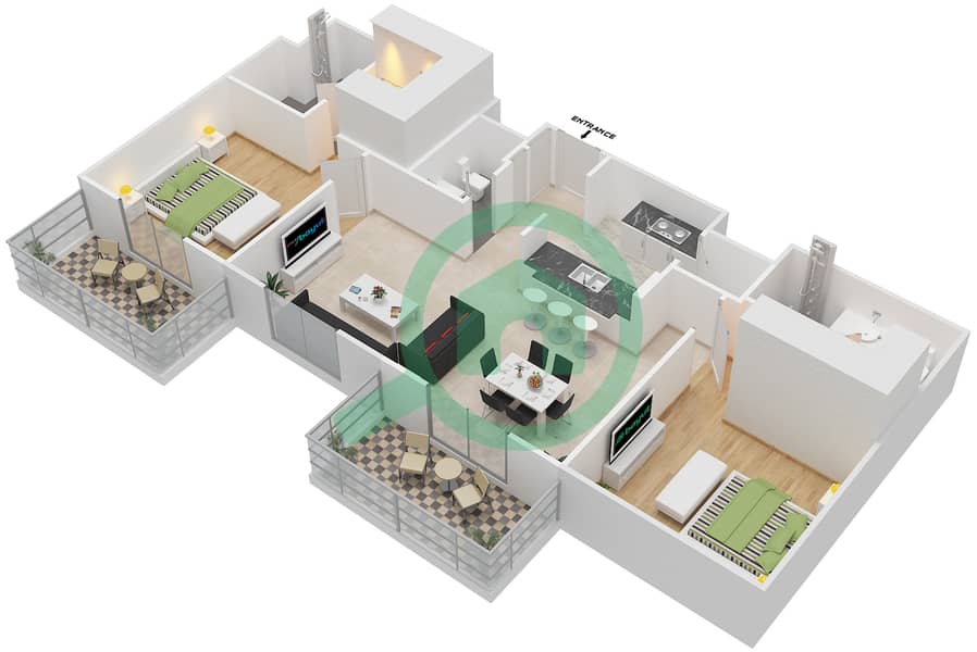 المخططات الطابقية لتصميم النموذج 4 شقة 2 غرفة نوم - إيتون بليس interactive3D