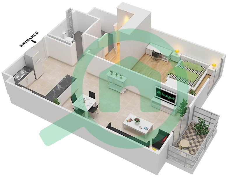 المخططات الطابقية لتصميم النموذج / الوحدة 1A/207 شقة 1 غرفة نوم - بلغرافيا هايتس 1 interactive3D