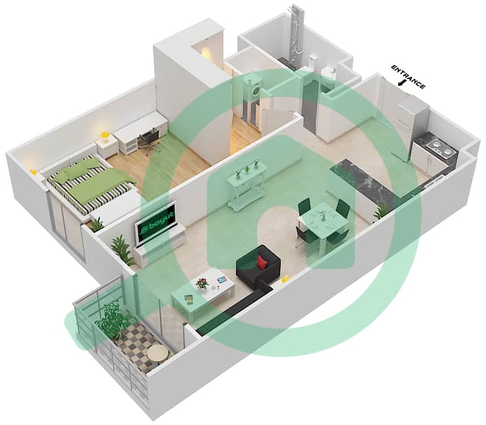 贝尔格莱维亚1号大楼 - 1 卧室公寓类型／单位1B/205戶型图 interactive3D