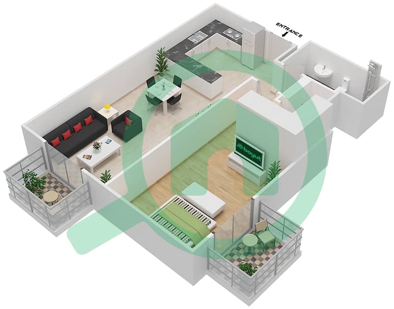 贝尔格莱维亚1号大楼 - 1 卧室公寓类型／单位1C/201戶型图 interactive3D