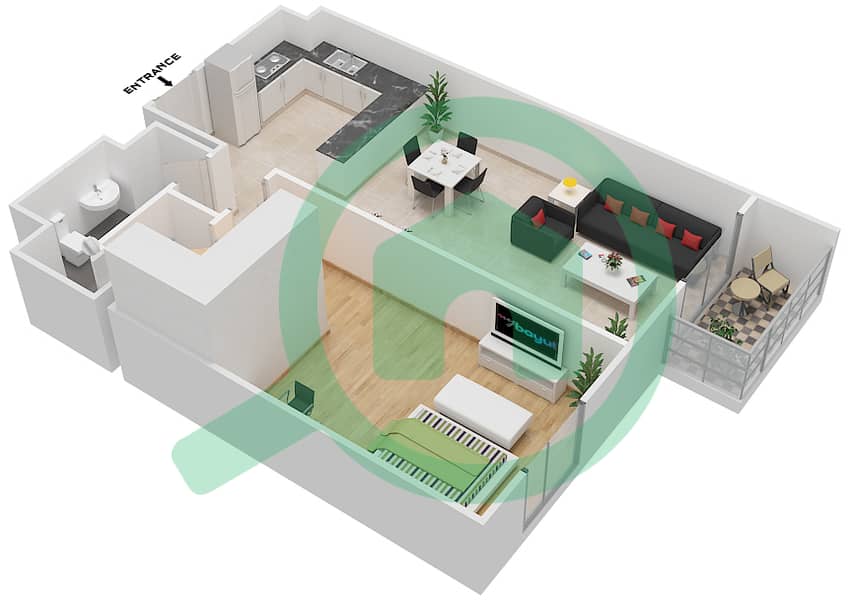 المخططات الطابقية لتصميم النموذج / الوحدة 1E/203 شقة 1 غرفة نوم - بلغرافيا هايتس 1 interactive3D
