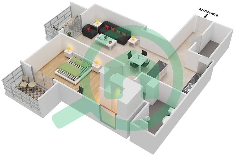 贝尔格莱维亚1号大楼 - 1 卧室公寓类型／单位4B/1001戶型图 interactive3D