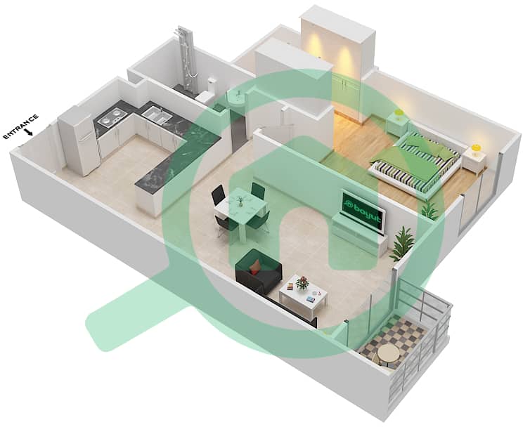 贝尔格莱维亚1号大楼 - 1 卧室公寓类型／单位5B/204戶型图 interactive3D