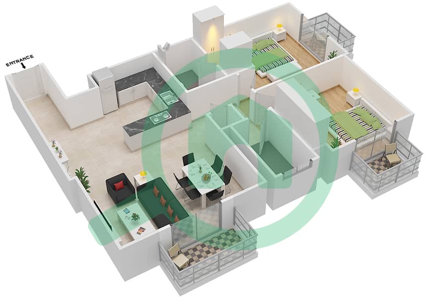 المخططات الطابقية لتصميم النموذج / الوحدة 1B/206 شقة 2 غرفة نوم - بلغرافيا هايتس 1 interactive3D