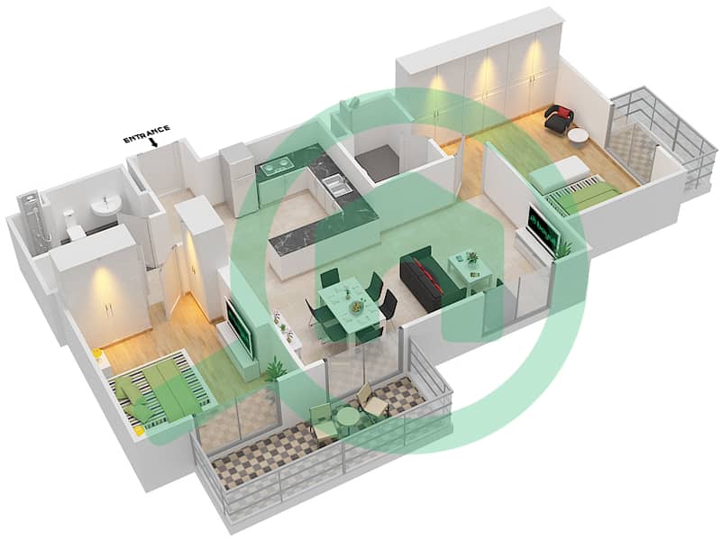 Белгравия Хайтс 1 - Апартамент 2 Cпальни планировка Тип/мера 2B/202 interactive3D