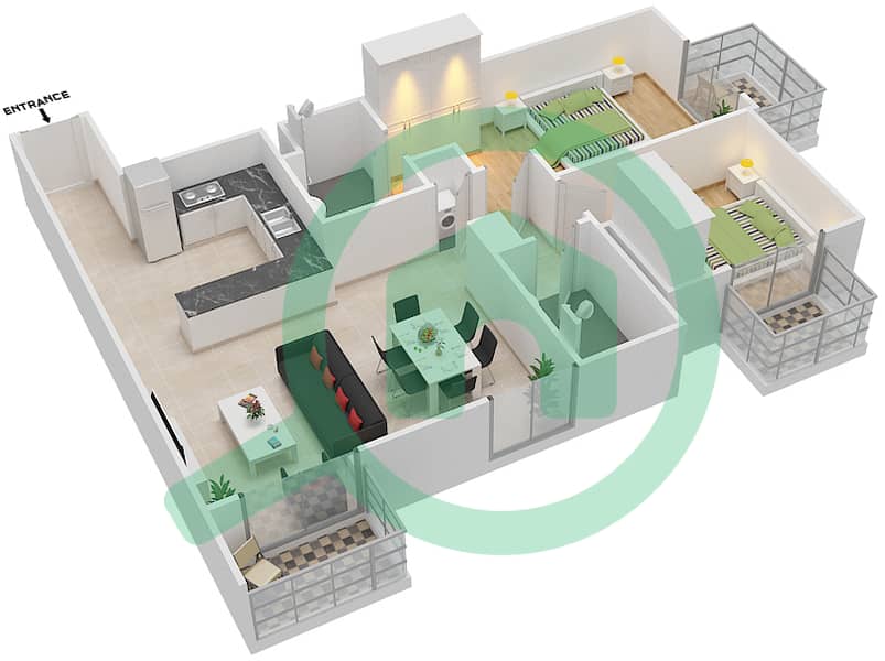 Белгравия Хайтс 1 - Апартамент 2 Cпальни планировка Тип/мера 3B/202 interactive3D