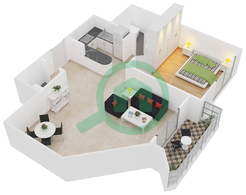 المخططات الطابقية لتصميم النموذج 1 شقة 1 غرفة نوم - دايموند فيوز 2 interactive3D