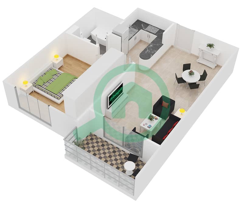 المخططات الطابقية لتصميم النموذج 2 شقة 1 غرفة نوم - دايموند فيوز 2 interactive3D