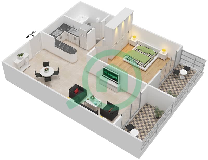 钻石景观II号大楼 - 1 卧室公寓类型4戶型图 interactive3D