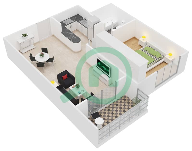 المخططات الطابقية لتصميم النموذج 6 شقة 1 غرفة نوم - دايموند فيوز 2 interactive3D