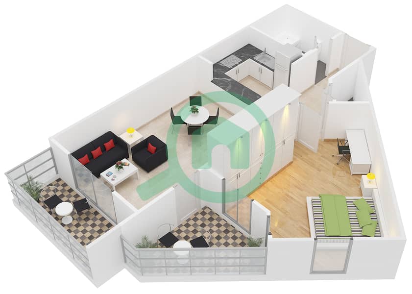 钻石景观II号大楼 - 1 卧室公寓类型7戶型图 interactive3D