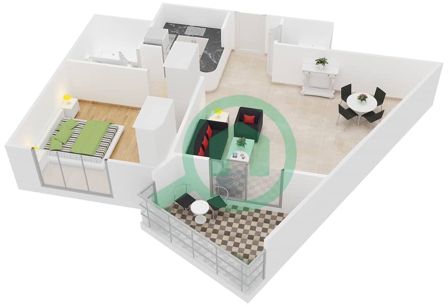 المخططات الطابقية لتصميم النموذج 12 شقة 1 غرفة نوم - دايموند فيوز 2 interactive3D