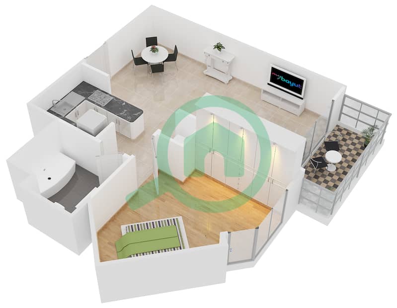 المخططات الطابقية لتصميم النموذج 15 شقة 1 غرفة نوم - دايموند فيوز 2 interactive3D