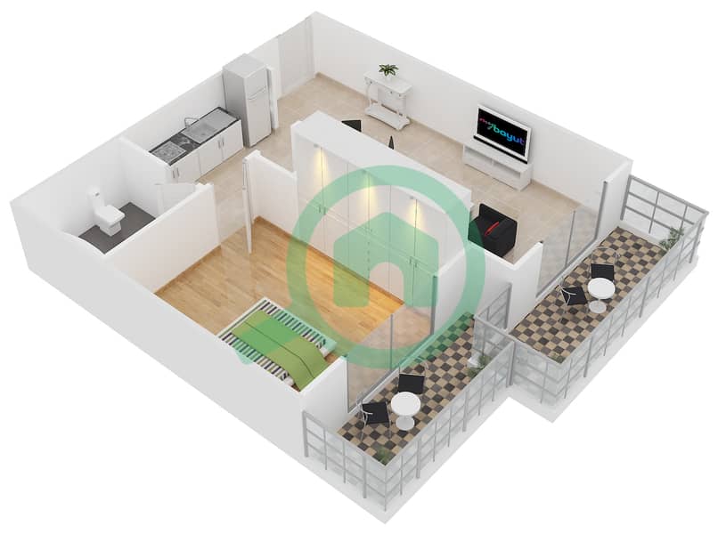 المخططات الطابقية لتصميم النموذج 18 شقة 1 غرفة نوم - دايموند فيوز 2 interactive3D