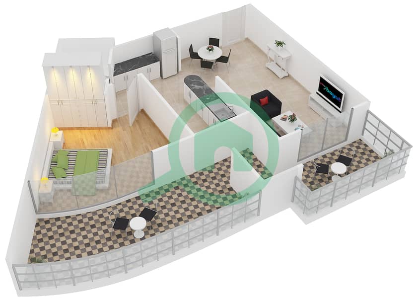 المخططات الطابقية لتصميم النموذج 22 شقة 1 غرفة نوم - دايموند فيوز 2 interactive3D