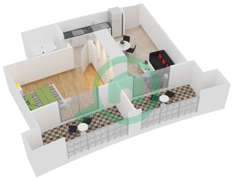 المخططات الطابقية لتصميم النموذج 23 شقة 1 غرفة نوم - دايموند فيوز 2 interactive3D