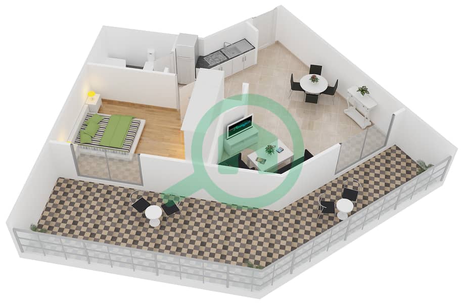 钻石景观II号大楼 - 1 卧室公寓类型24戶型图 interactive3D