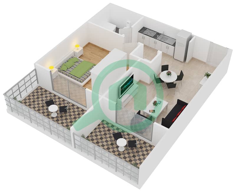 المخططات الطابقية لتصميم النموذج 17 شقة 1 غرفة نوم - دايموند فيوز 2 interactive3D
